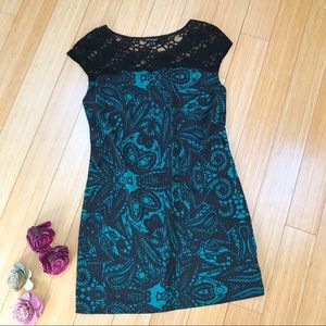 Express Green Black Lace Shoulder Shift Dress, S.